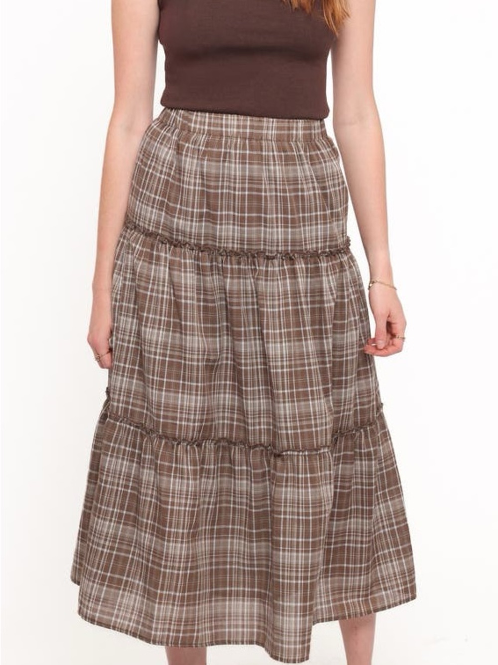Petal & Pup Brown Plaid Tiered Midi Skirt